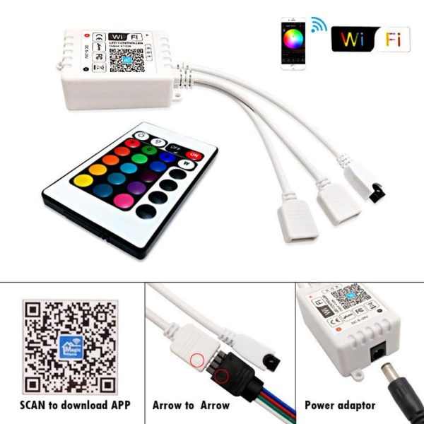 WIFI Smart RGB LED Strip Controller (2) Wireless Wifi Smart LED RGB Strip Controller with 24 Key IR Remote